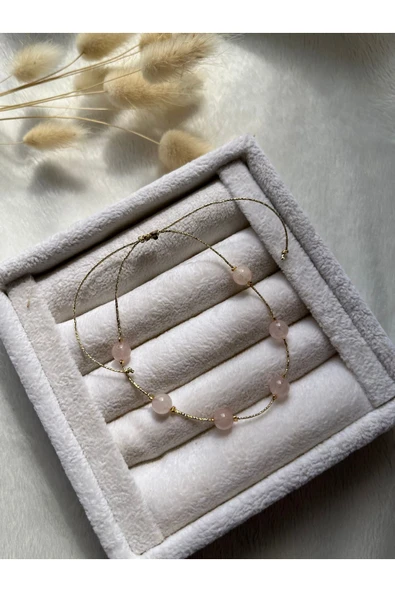 Küre kesim pembe kuvars altın kaplama ip bileklik&halhal ürün görseli