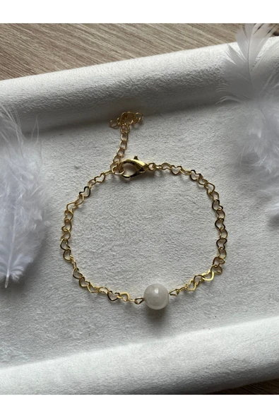 Ay Taşı Kalp Zincirli Altın Kaplama Bileklik ürün görseli