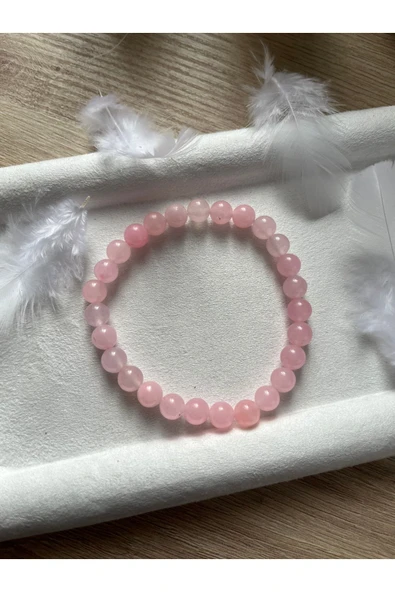 Pembe Kuvars Lastikli El Yapımı Bileklik Doğal Taş