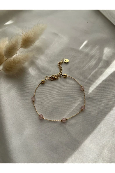 Pembe kuvars minimal altın kaplama doğal taş tasarım el yapımı bileklik ürün görseli