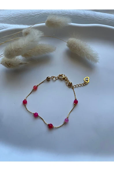 Minimal Pembe Akik Taşı Altın Kaplama Tasarım Bileklik