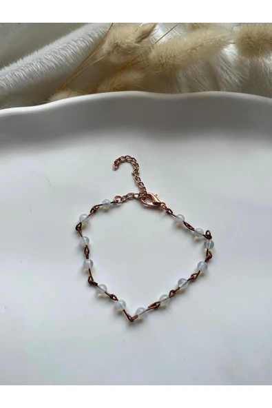 Minimal Opal Taşı Bakır Rose Zincir Bileklik