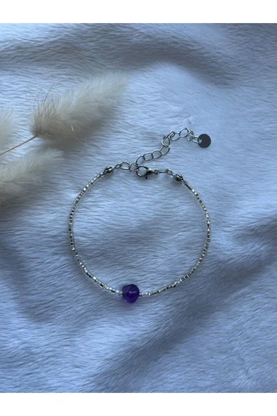 Kırık ametist taşı kum boncuk gümüş bileklik el yapımı ürün görseli