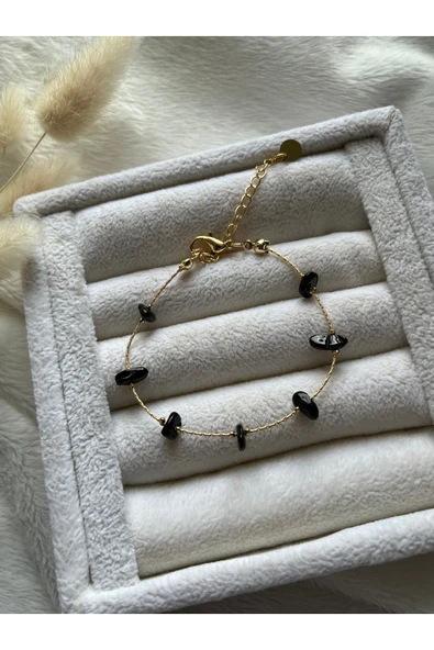 Siyah Turmalin Taşı Altın Kaplama Özel Tasarım Bileklik el yapımı ürün görseli