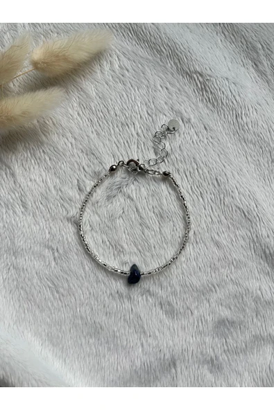 Lapis Lazuli Doğal Taş Gümüş Detaylı Bileklik Minimal ürün görseli