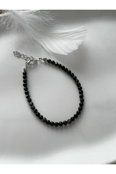 Minimal Siyah Turmalin Taşı Çelik Aparatlı Bileklik ürün görseli
