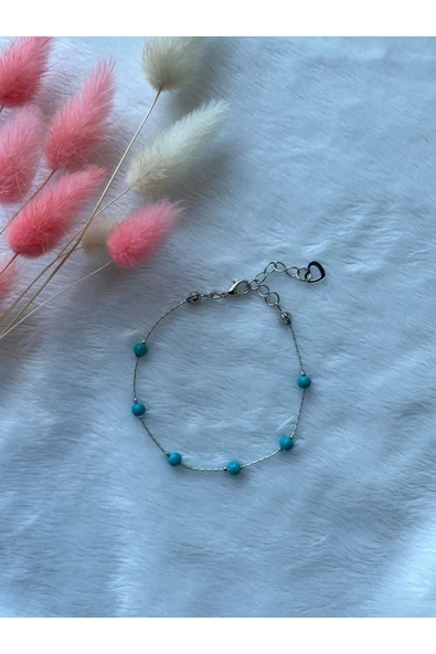 Turkuaz Firuze Taşı Minimal Gümüş kaplama ince zincir bileklik ürün görseli