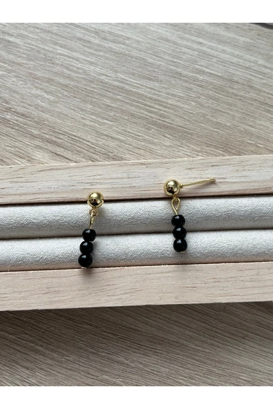 Minimal Siyah Akik Taşı Altın Kaplama Top Küpe - 1