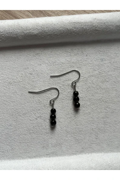 Minimal Gold Obsidyen Gümüş Kaplama Sallantı Küpe ürün görseli