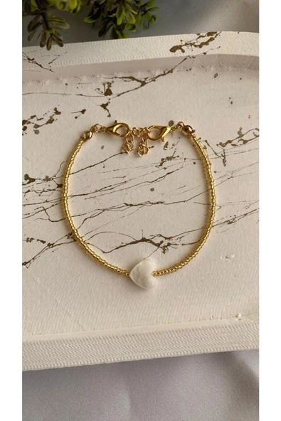 Kalp Sedef Taşı Doğal Taş Altın Kaplama Minimal Detay Bileklik ürün görseli