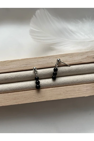 Minimal Siyah Akik Taşı Gümüş Kaplama Top Küpe