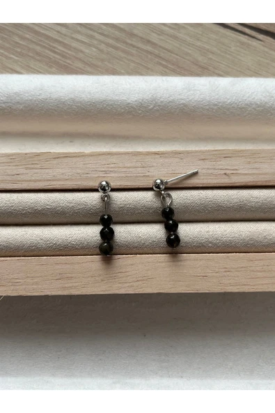 minimal gold obsidyen taşı gümüş kaplama top küpe ürün görseli