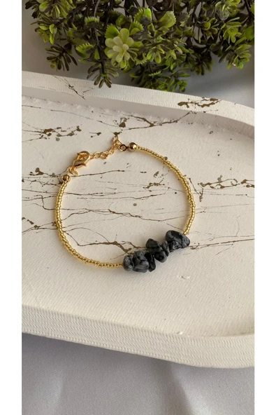 Obsidyen Doğal Taş Altın Detaylı Bileklik Minimal ürün görseli