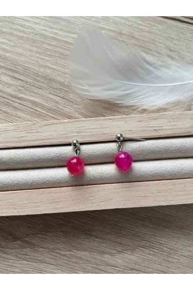 8 mm Pembe Akik Gümüş Kaplama Top Küpe - 1