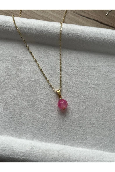 8 mm Pembe Akik Taşı Altın Kaplama Kolye