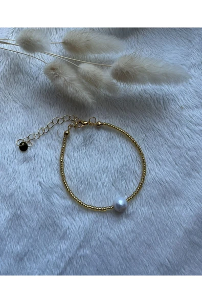 Gerçek Inci Doğal Taş Altın Detaylı Bileklik Minimal