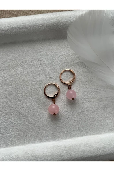 8 mm Pembe Kuvars Rose Gold Bakır Halka Küpe ürün görseli