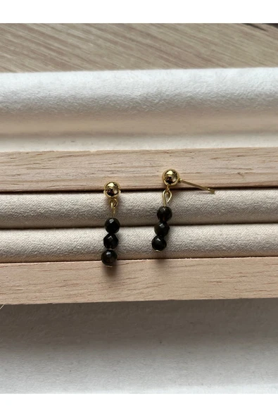 Minimal Gold Obsidyen Taşı Altın Kaplama Top Küpe ürün görseli