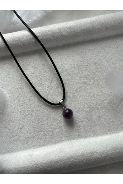 8 mm ametist taşı deri ip kolye - 1