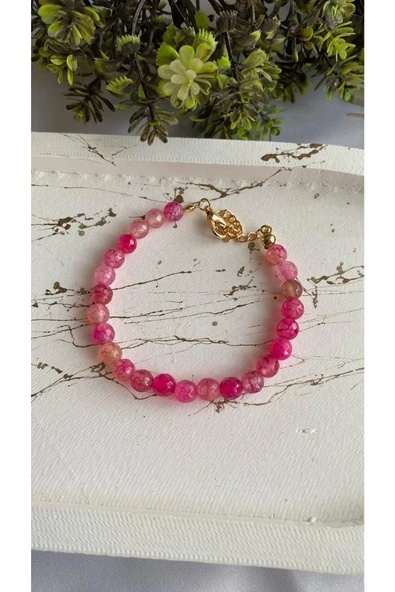 Pembe Akik Doğal Taş Altın Bileklik
