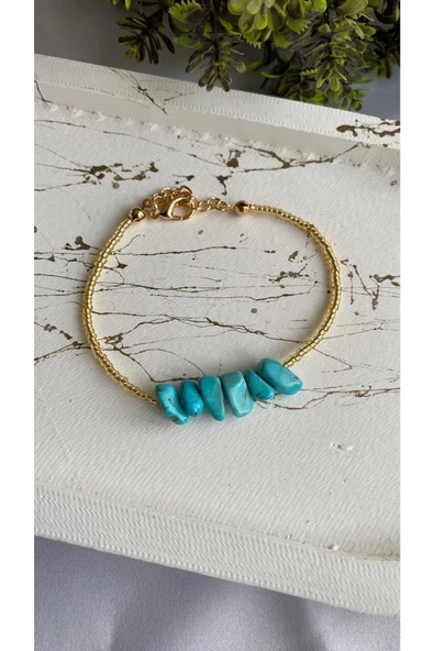 Turkuaz Firuze Doğal Taş Altın Detaylı Bileklik Minimal ürün görseli
