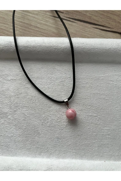 8 mm pembe opal taşı siyah deri ip kolye