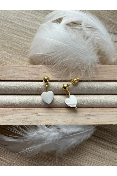 Kalp Sedef Doğal Taş Top Başlı Altın Kaplama Küpe ürün görseli