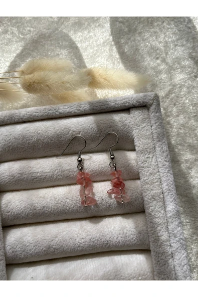 Gül Kuvars Doğal Taş Gümüş Sallantılı Küpe