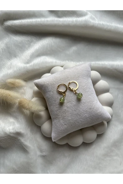 Prehnit Doğal Taş Altın Kaplama Küpe