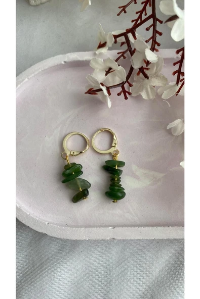 Yeşim Taşı Doğal Taş Altın Küpe