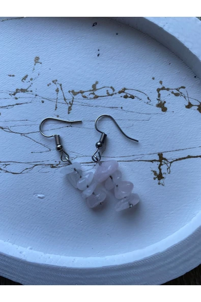 Kırık Pembe Kuvars Doğal Taş Gümüş Sallantı Küpe ürün görseli