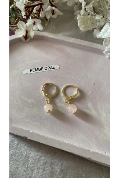 Pembe Opal Altın Kaplama Küpe Doğal Taş