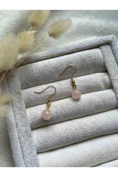 8mm Pembe Kuvars Altın Kaplama Sallantı Küpe