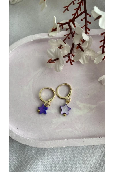 Mor Yıldız Sedef Doğal Taş Altın Kaplama Küpe