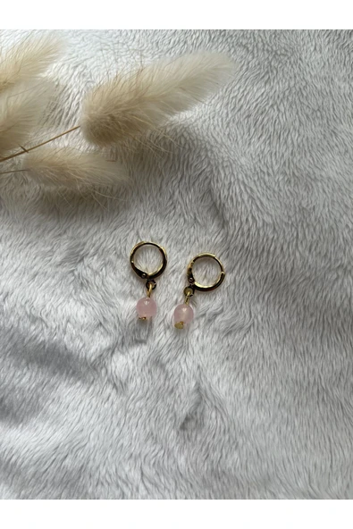 Pembe kuvars 24k altın kaplama el yapımı halka küpe doğal taş kararmaz