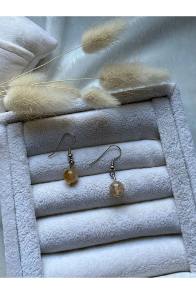 8 mm Sitrin Taşı Gümüş Kaplama Sallantılı Küpe ürün görseli