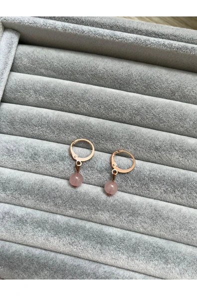 Pembe Kuvars Doğal Taş Rose Bakır Küpe (pirinç) - 1