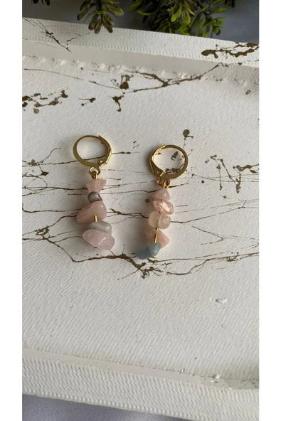 Morganit Doğal Taş Altın Kaplama Küpe