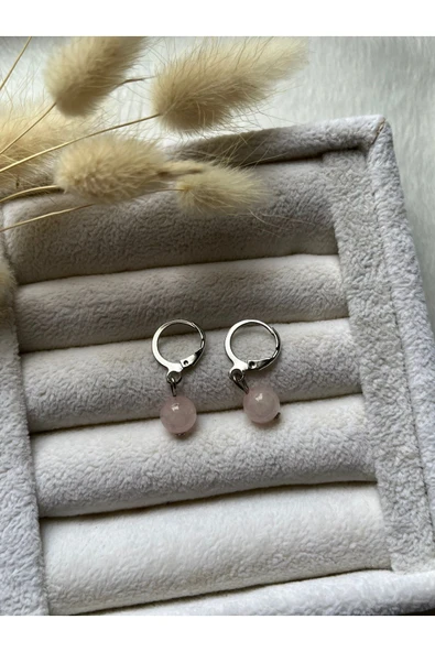 Pembe Kuvars 8mm Gümüş Kaplama Halka Küpe - 1