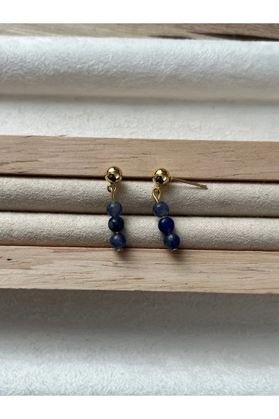 Minimal Mavi Aventurin Taşı Altın Kaplama Top Küpe ürün görseli