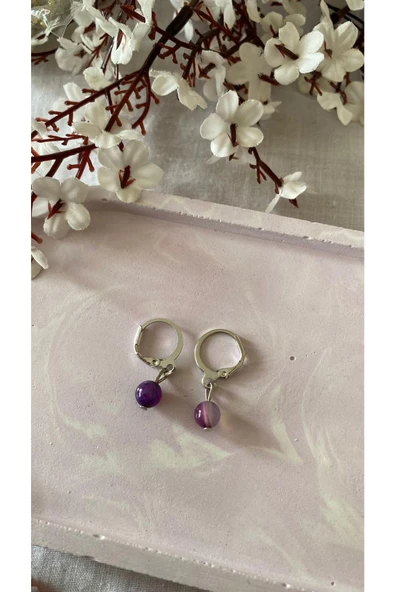 Mor Akik Taşı Doğal Taş Gümüş Küpe