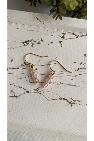 Minimal Pembe Kuvars Doğal Taş Kararmaz Altın Kaplamalı Küpe