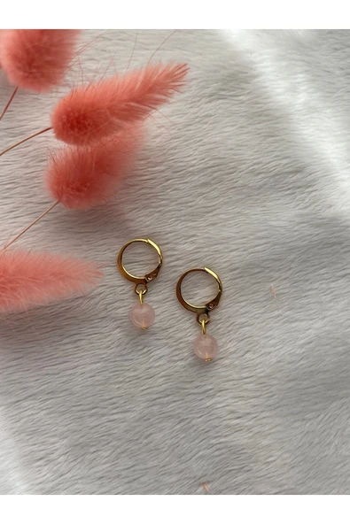 Pembe Kuvars Doğal Taş Altın Kaplama Küpe ürün görseli