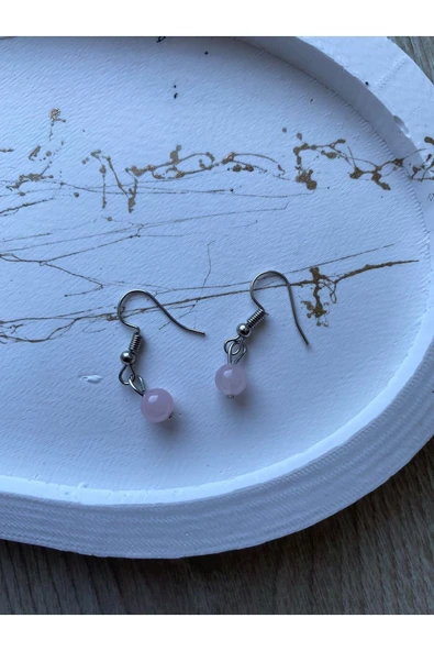 Yuvarlak Pembe Kuvars Gümüş Sallantı Küpe ürün görseli