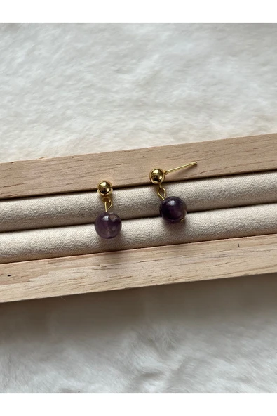 8 mm ametist taşı altın kaplama top küpe ürün görseli