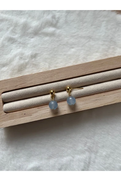 8 mm akuamarin taşı altın kaplama top küpe