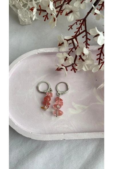 Gül Kuvars Doğal Taş Gümüş Kaplama Küpe ürün görseli