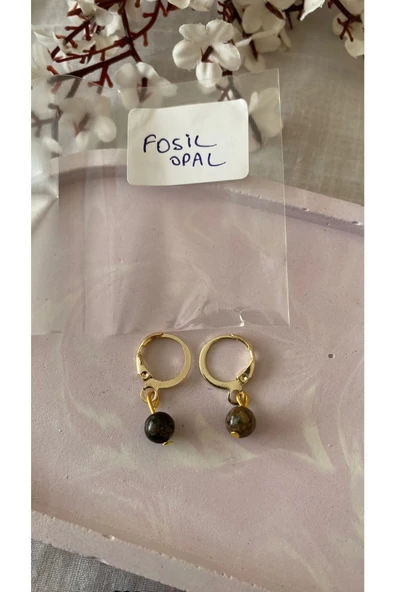Fosil Opal Doğal Taş Altın Kaplama Küpe