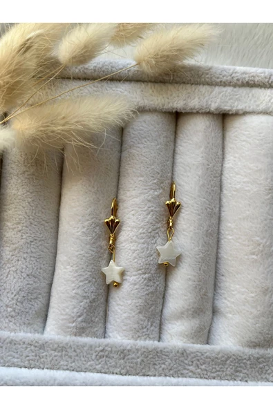 Beyaz Sedef Yıldız Doğal Taş Modern Altın Kaplama Halka Küpe