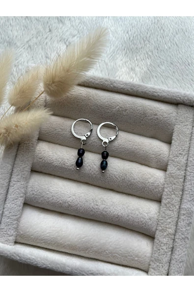 Gerçek Siyah Inci Doğal Taş Gümüş Kaplama Küpe